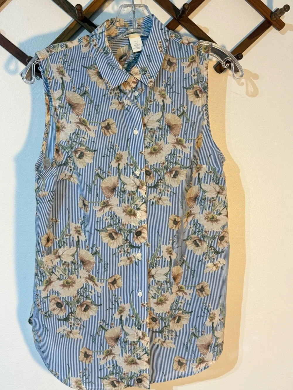 H&M Blouse Women's Sz 6 Blue/White Stripe Floral Hi Low Hem - Picture 1 of 5